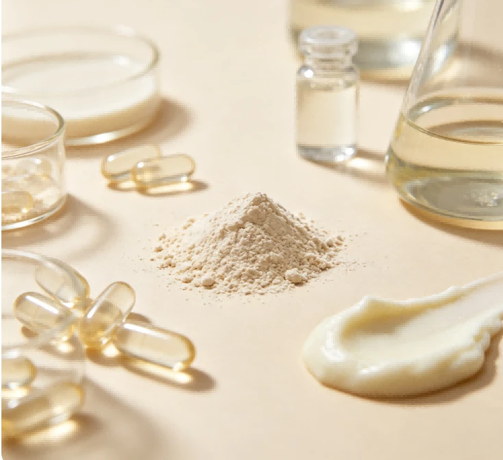 Microcapsule powder close-up with laboratory spoon and magnified microsphere particles Microcapsule powder close-up with laboratory spoon and magnified microsphere particles