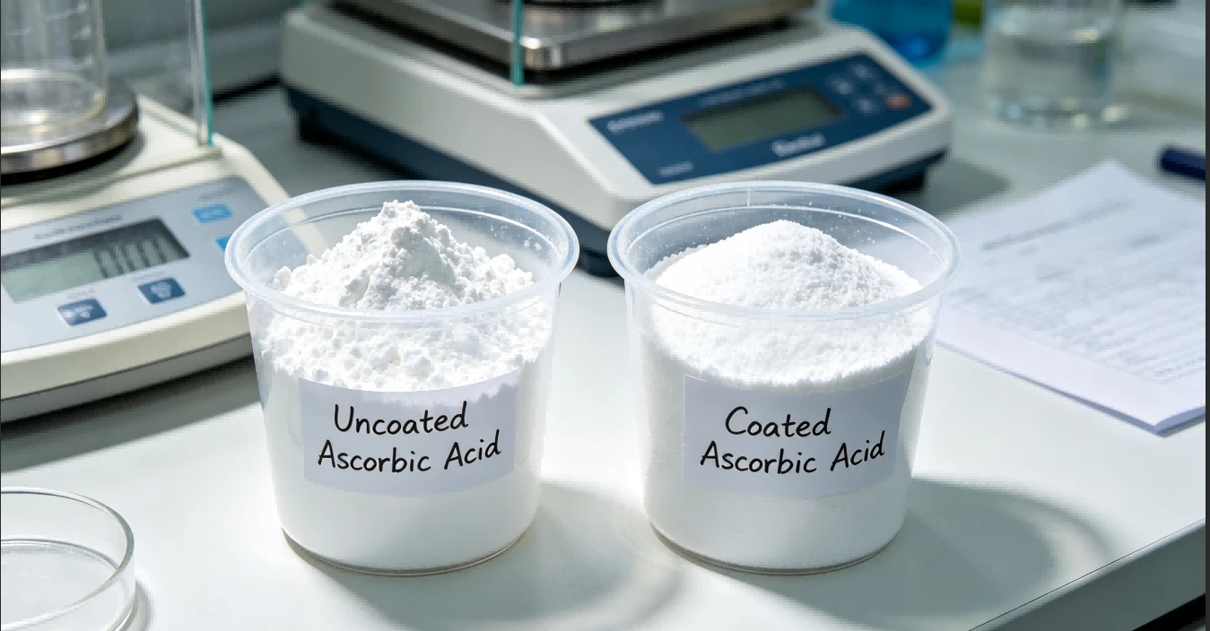 Coated vs uncoated ascorbic acid powder comparison, food grade vitamin C raw material for industrial production Coated vs uncoated ascorbic acid powder comparison, food grade vitamin C raw material for industrial production